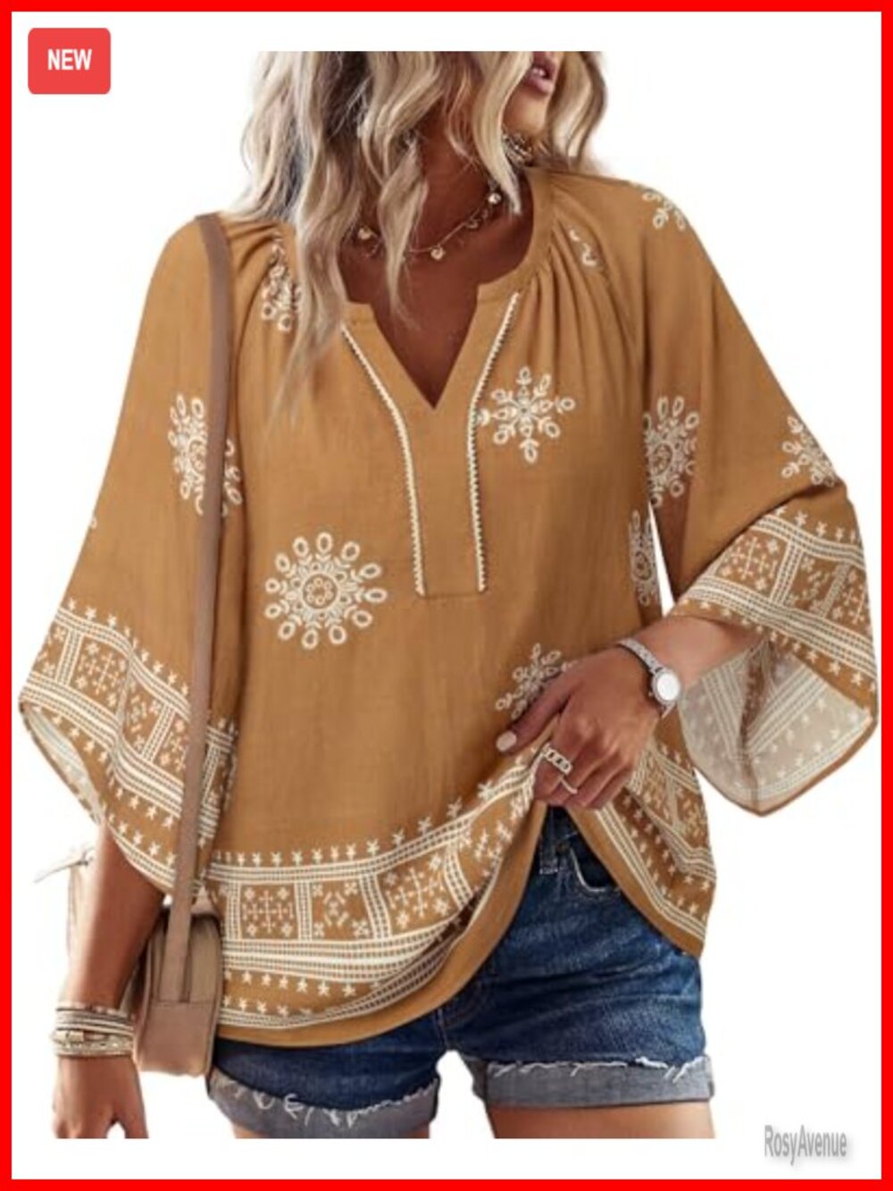 Womens Boho Linen Blouse 3/4 Bell Sleeve V Neck Floral Peasant Top